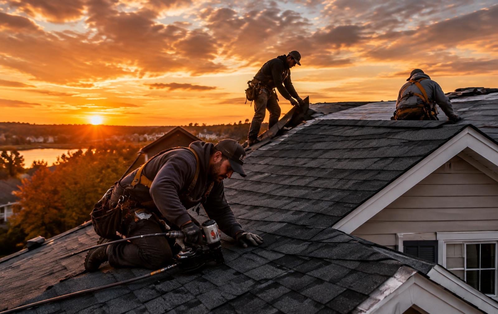 JKL Roofing crew installing shingles